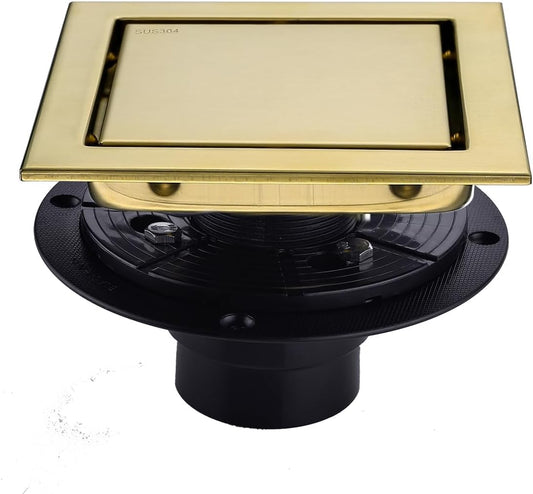 RANDOM Brushed Gold Shower Drain Square with Adjustable Base Flange,SUS304 Stainless Steel 6 inch Floor Drain Kit with Tile Insert Flat Shower Drain Cover & Threaded Adapter.98728BG-S