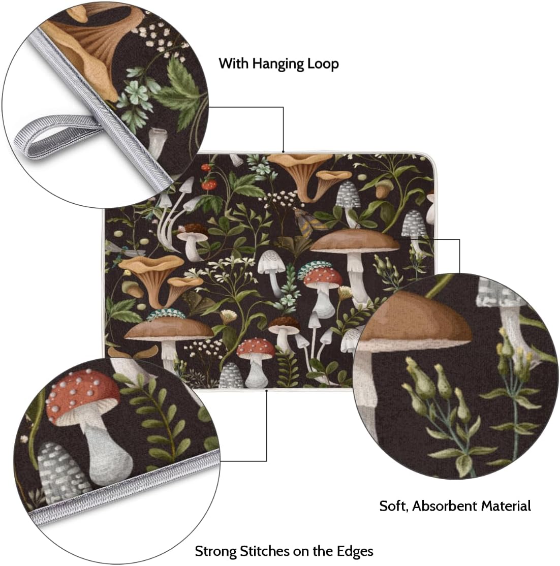 Hexteria Mushroom Dish Drying Mat For Kitchen Counter 16 X 18 Inch, Microfiber Absorbent Dish Drainer Mat for Countertops Protector Pad