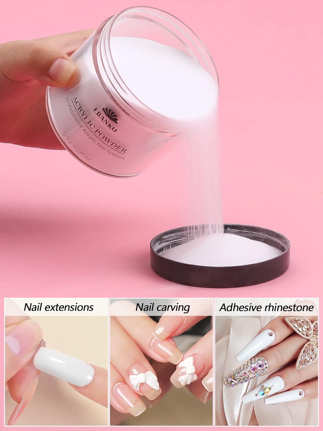 EBANKU White Acrylic Powder, 120g/4.23oz Acrylic Powder Large Capacity Professional Acrylic Nail Powder for Nail Acrylic Extension, Nail Carving, Long-Lasting, No Nail Lamp Needed