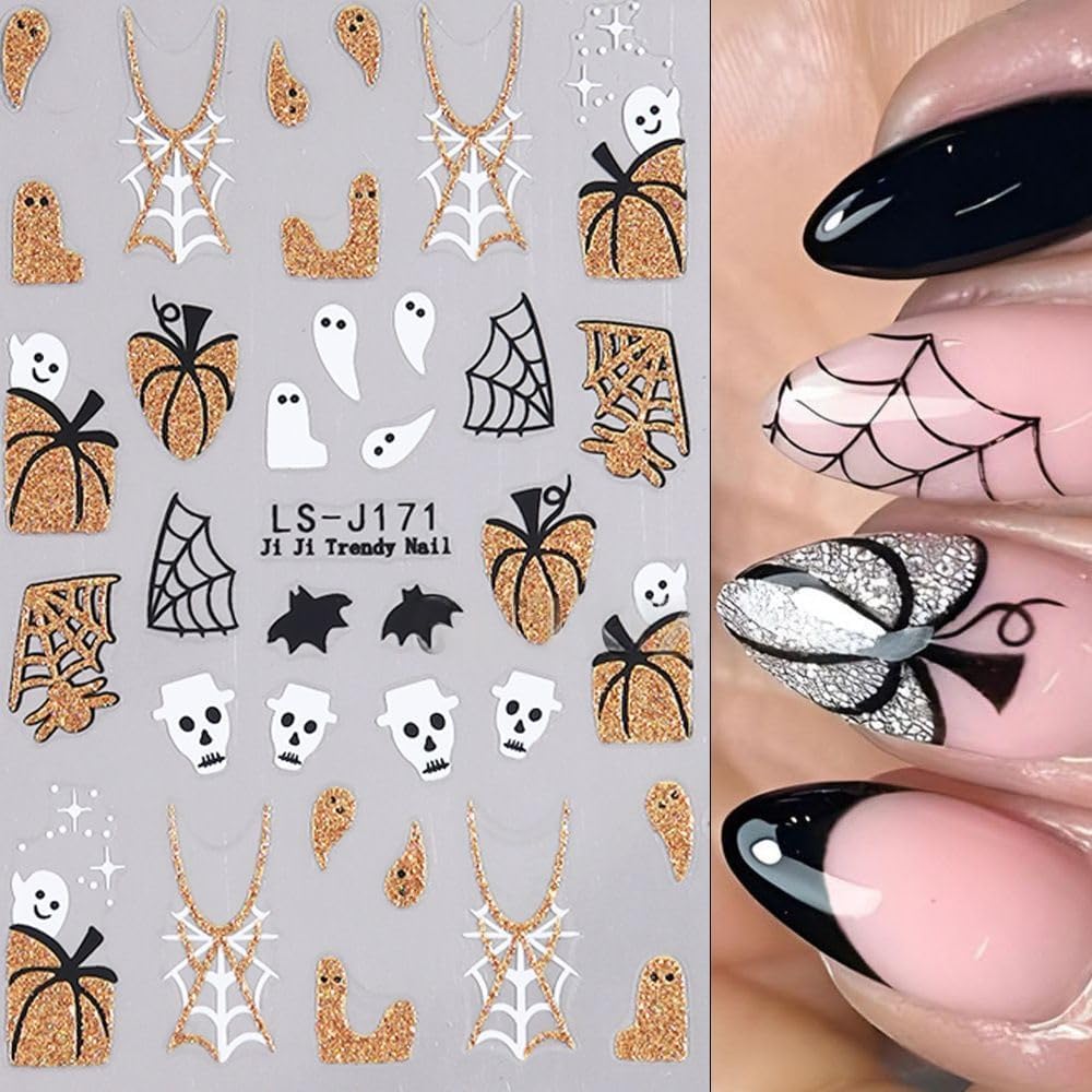 Halloween Nails Stickers Glitter Ghost Nails Sticker 3D Embossed Silver Gold Glitter Pumpkin Self Adhesive Sticker Nail Decals Web Nail Art Decal Halloween Decals for Nail DIY Manicure 4Sheet