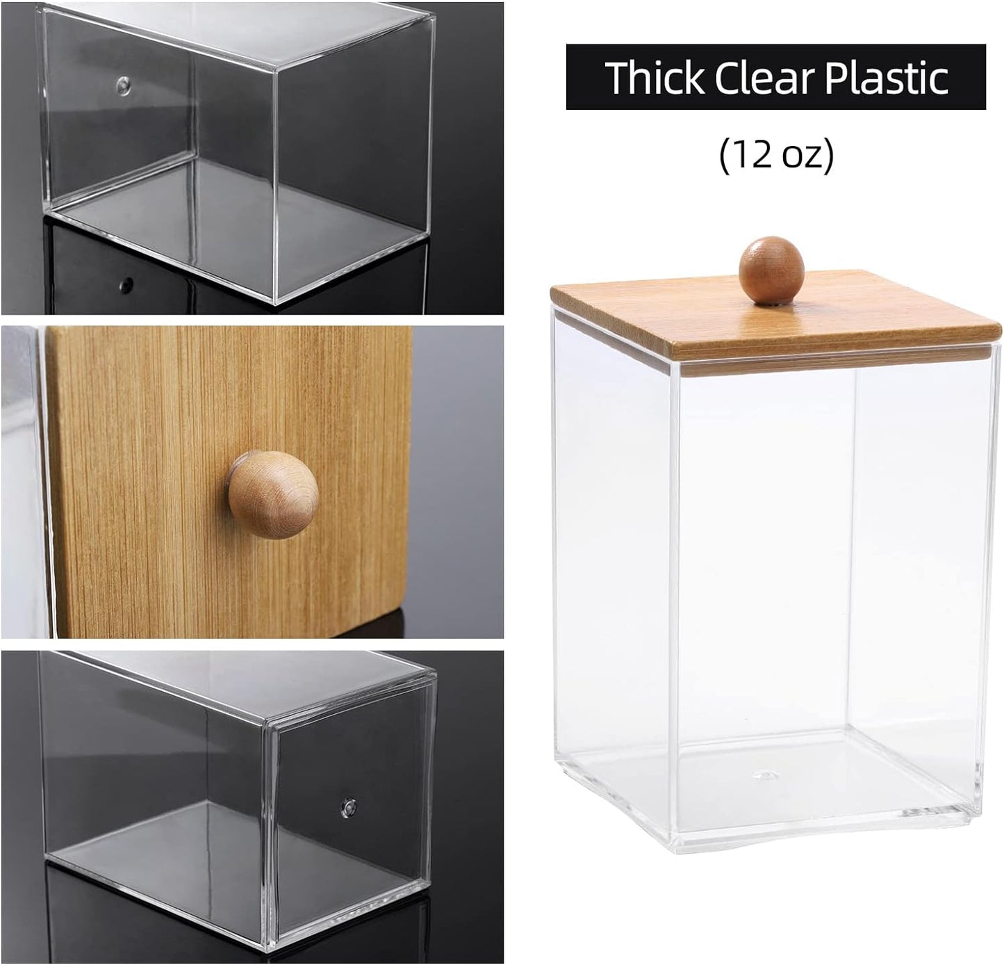 Tbestmax 3 Pack Square Qtip Holder - 12 oz Bathroom Organizers and Storage Containers, Plastic Apothecary Jars with Bamboo Lids for Cotton Ball, Cotton Swab, Floss