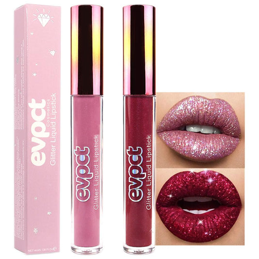 evpct 2Pcs Mauve & Dark Red Matte to Glitter Liquid Lipstick Set Kit for Women Long Lasting Glossy Metallic Shimmer Sparkle Lipstick Lip Gloss 01+04