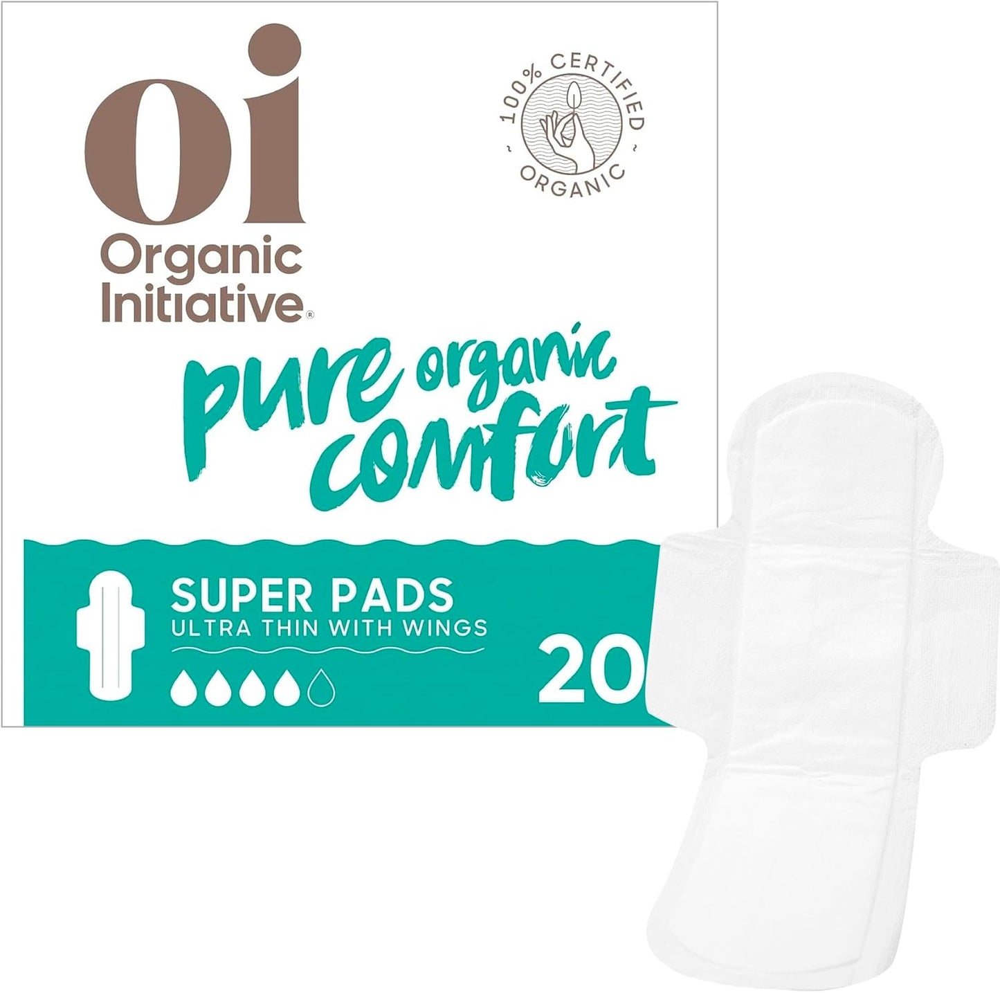 Oi | Organic Initiative - Ultra-Thin Pads with Wings | Super | 100% Certified Organic Cotton, Unscented | Leak Free, Biodegradable | Non-GMO, Toxin Free | 20 Pads
