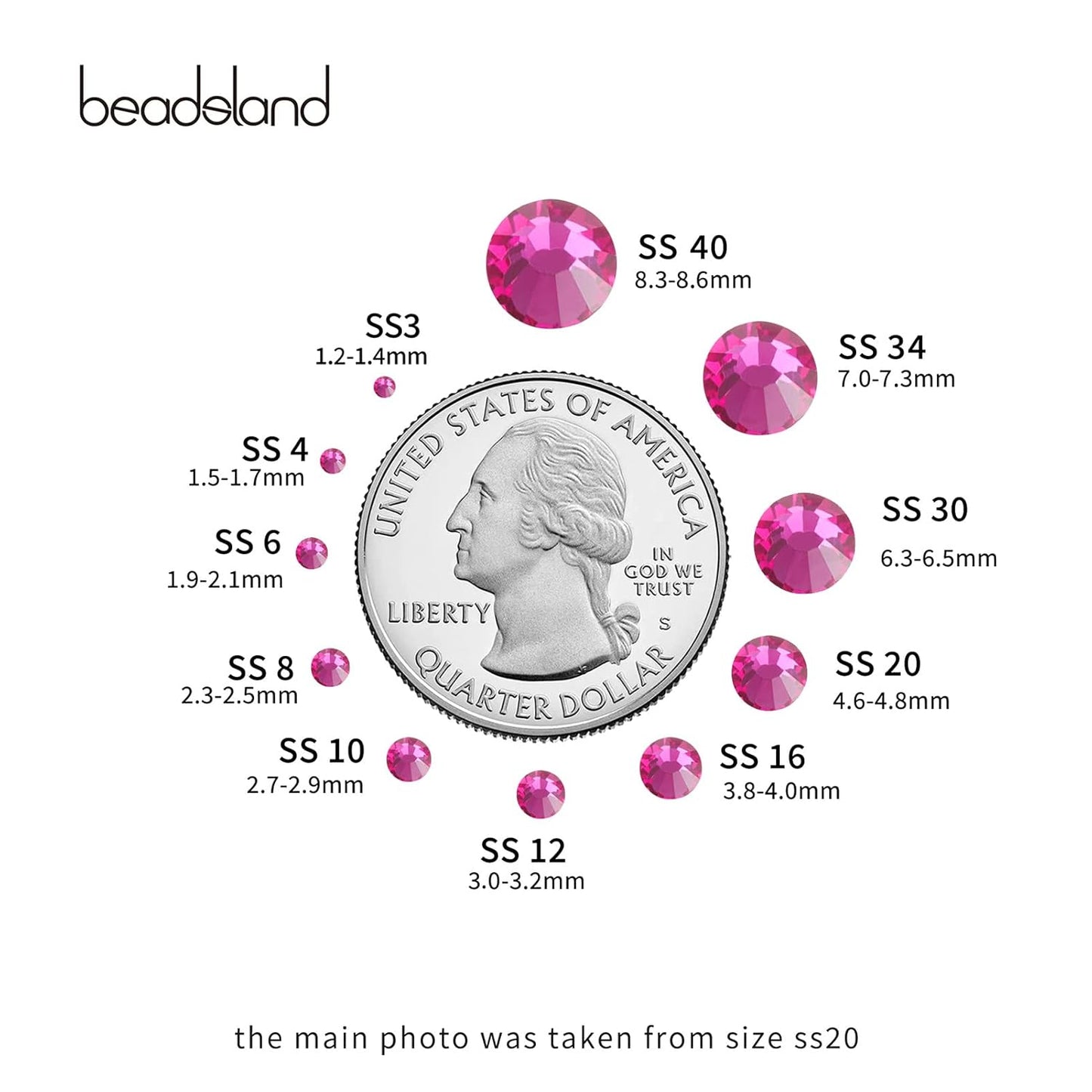 Beadsland 288pcs Flat Back Crystal Rhinestones Round Gems for Nail Art and Craft Glue Fix, Fuchsia,SS30,6.3-6.5mm