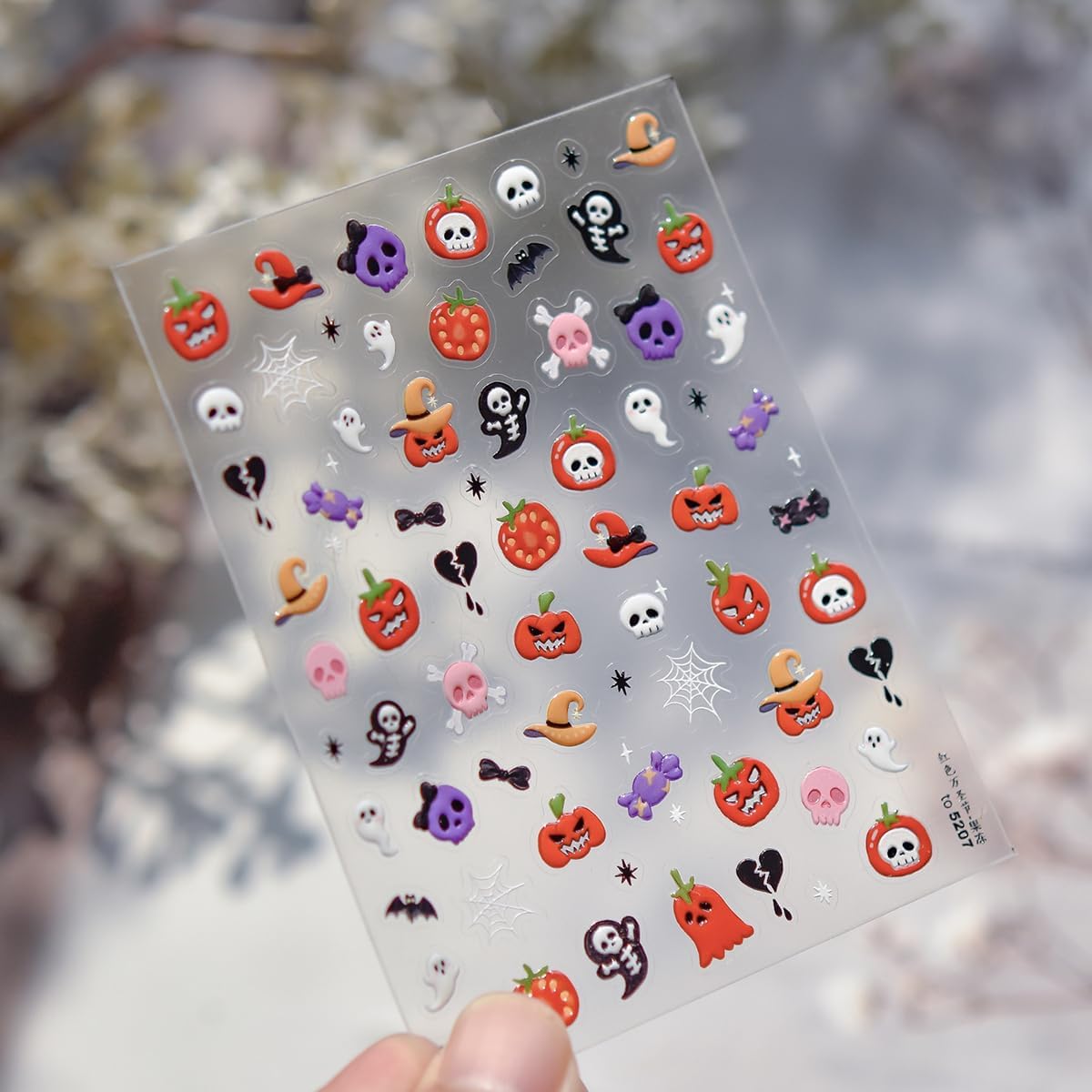 5D Halloween Nail Stickers Halloween Nail Decals Self-Adhesive Evil Tomato Pink Skull Cute Ghost Spider Web Broken Heart Nail Design DIY Holiday Nail Decorations for Women Kids Party 1 Sheet