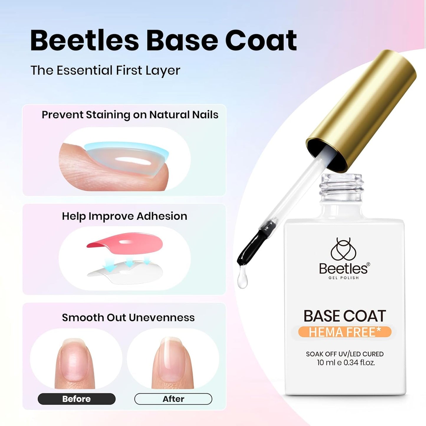 Beetles Hema Free Gel Top and Base Coat with Matte Top Coat Set, 3Pcs for Gel Nail Polish Soak Off UV LED Long Lasting Glossy & Matte Finish Nail Art Essentials