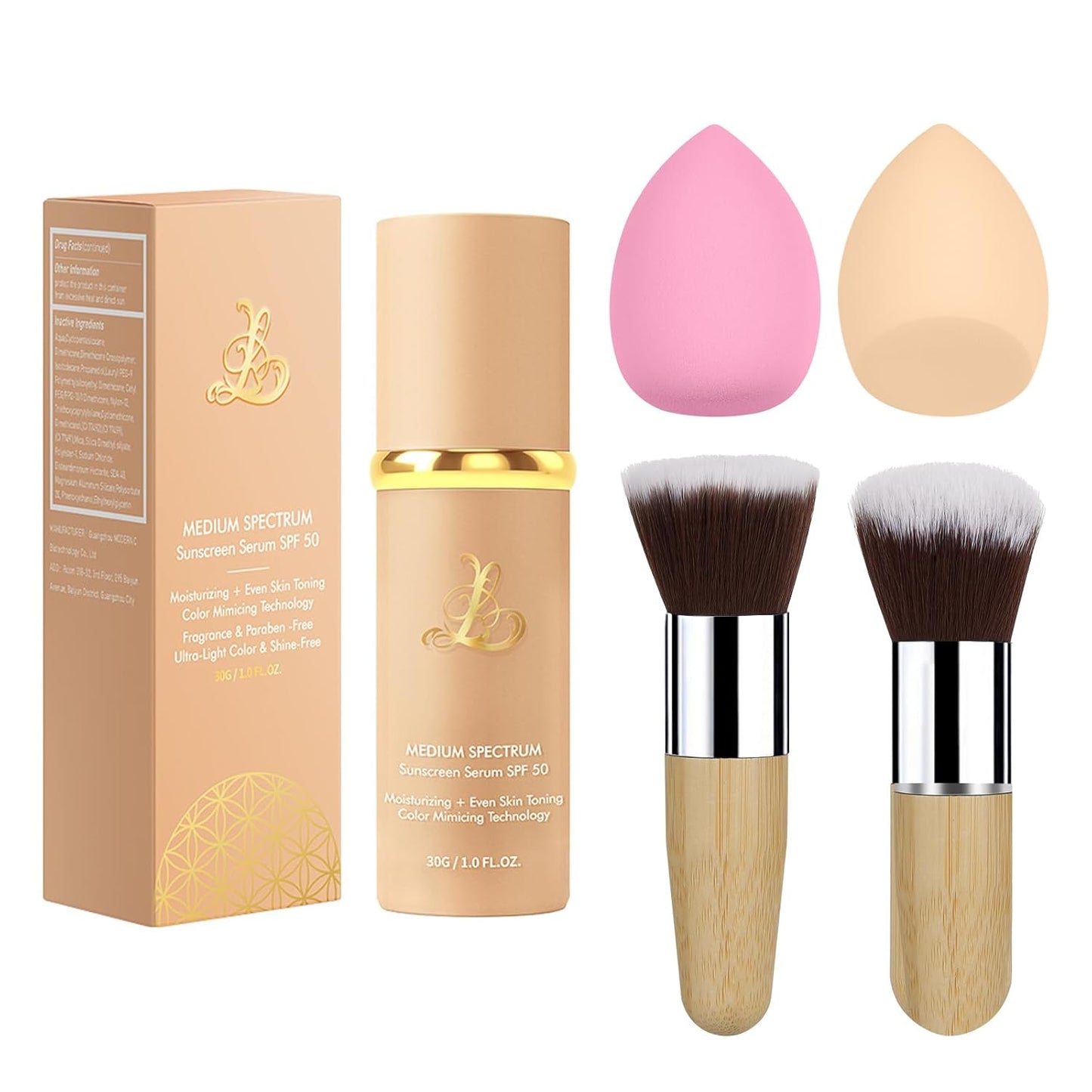 Match Foundation 4-in-1 with SPF 50 : Color Changing Foundation Medium Spectrum with 2 Brushes and 2 Cosmetics Sponge - Moisturizing & Concealer Face Makeup for All Skin Types