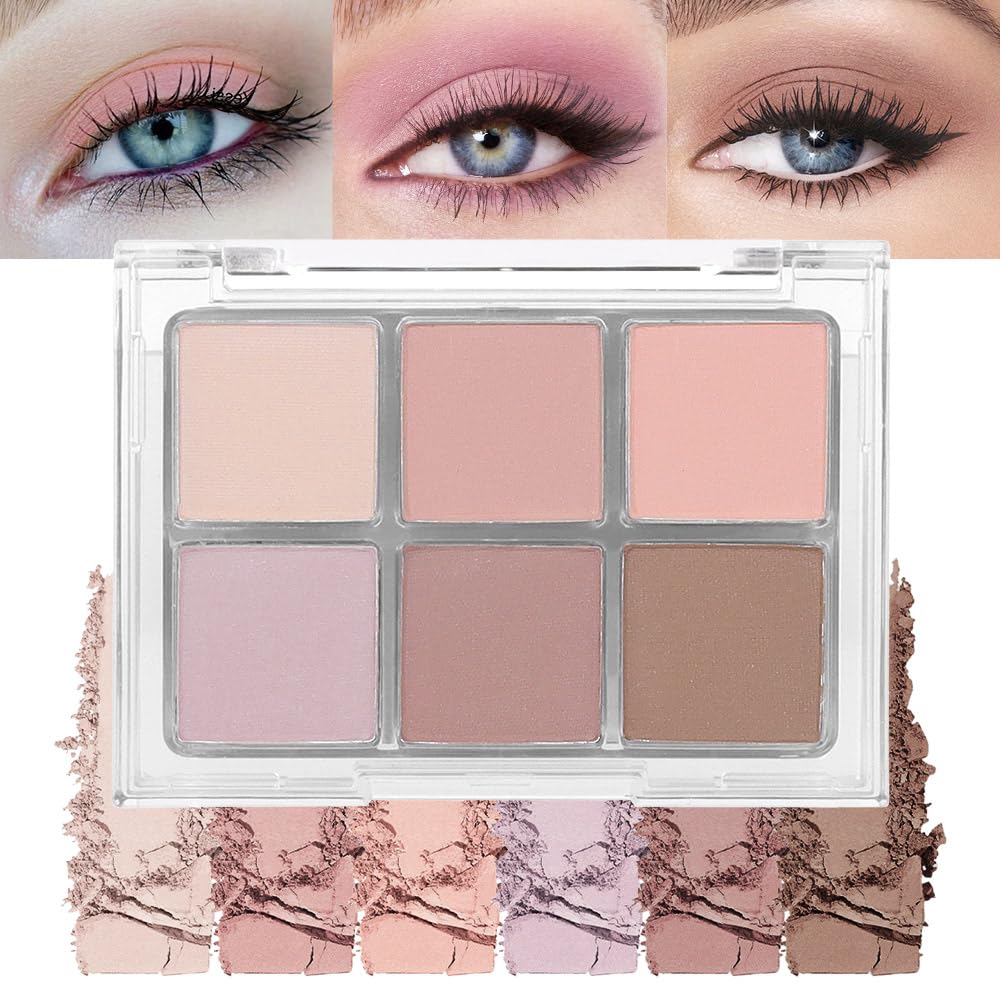 6Colors Glitter Matte Eyeshadow Palette, Natural Nude Brown Purple Coffee Shimmer Sparkly Eye Shadow Makeup, Warm Pastel Eyeshadows Palette, Long Lasting, Natural-Looking Women Girls Eye Shadow 01