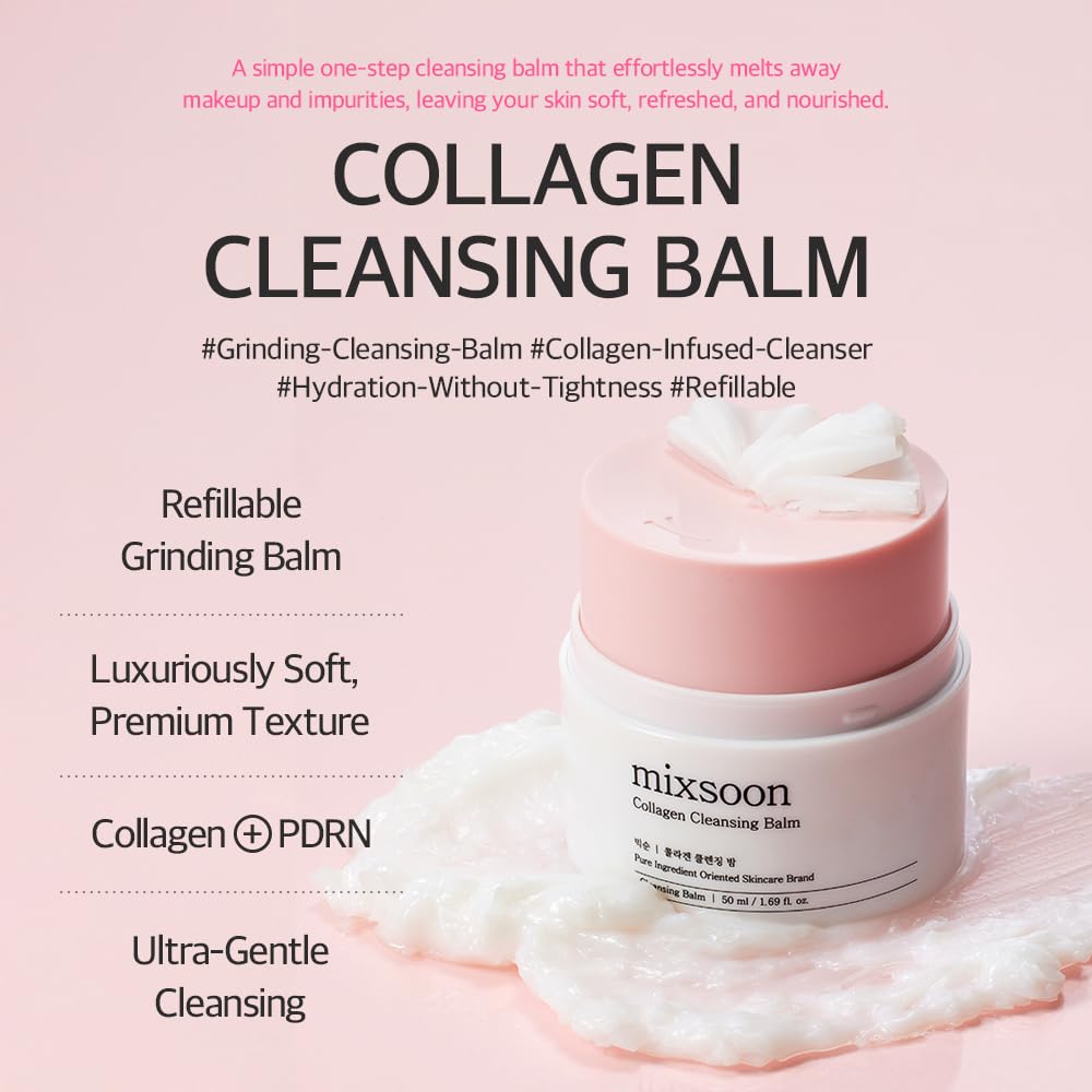 mixsoon Collagen Cleansing Balm Non-Greasy Soft Melting Lightweight Grinding Balm Hydrating Remover For Korean Glass Skin Care 1.69 Oz. / 50ml