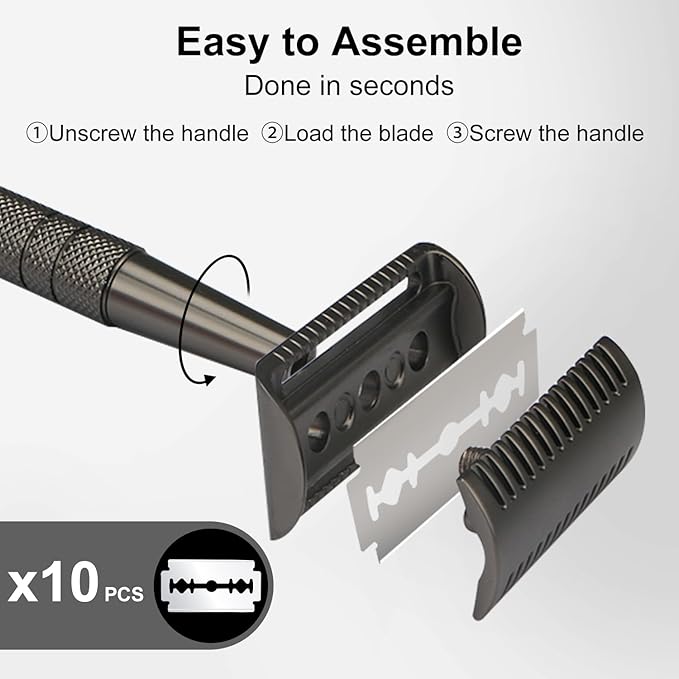 Black Safety Razor, Single Blade Razors for Men, with 10 Double Edge Blades, Long and Heavy Duty Stainless Steel Handle, Reusable Metal Eco-Friendly Razor, Plastic Free, Smooth Shave