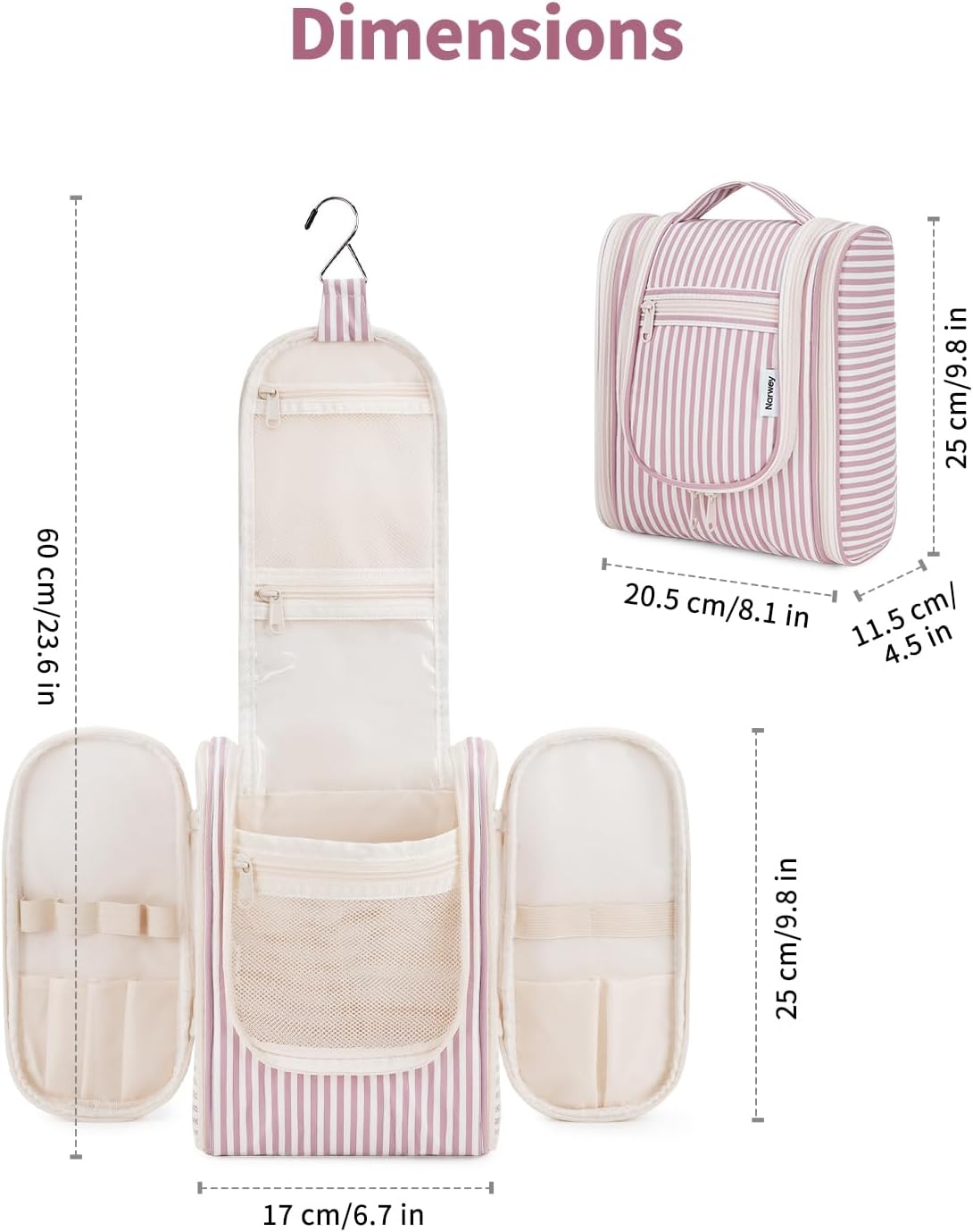 Narwey Small Striped Hanging Travel Toiletry Bag for Women, Travel Bag for Toiletries, Makeup Bag Organizer Cosmetic Bags Make Up Bags for Women (Dusty Rose Stripe)