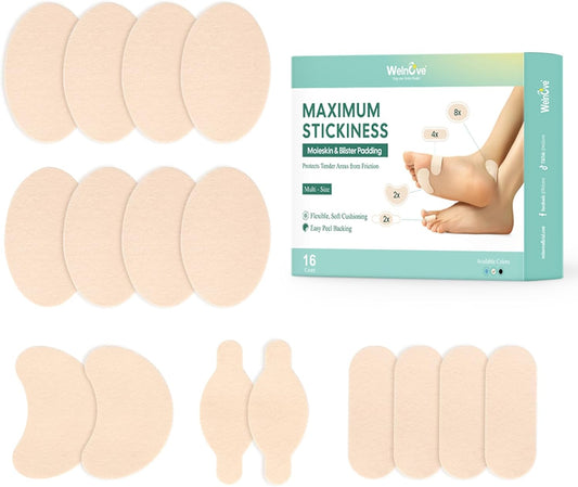 Welnove Moleskin Adhesive Pads for Feet,Blister Bandages for Feet, Mole Skin Patch for Feet Heels, Skin Tape Stickers for Feet - 16 Sheets of 4 Shapes