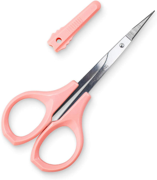 Scissors with Cap- Self Care - Hair Trimmer - Facial, Nose Hair, Eyebrow, Mustache & Beard Grooming - Curved Edge, Pink Short Cap