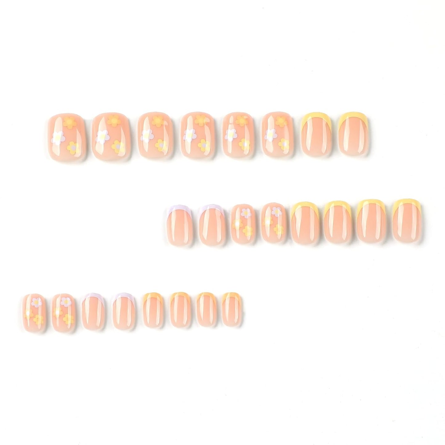 Summer Fall French Press on Nails Short Square, Pink Fake Nails with Colorful French Tip and Cute Blossom Designs, Glossy Gel Finish Acrylic Nails, Thick Reusable Glue on Nails for Women, Candy Tips