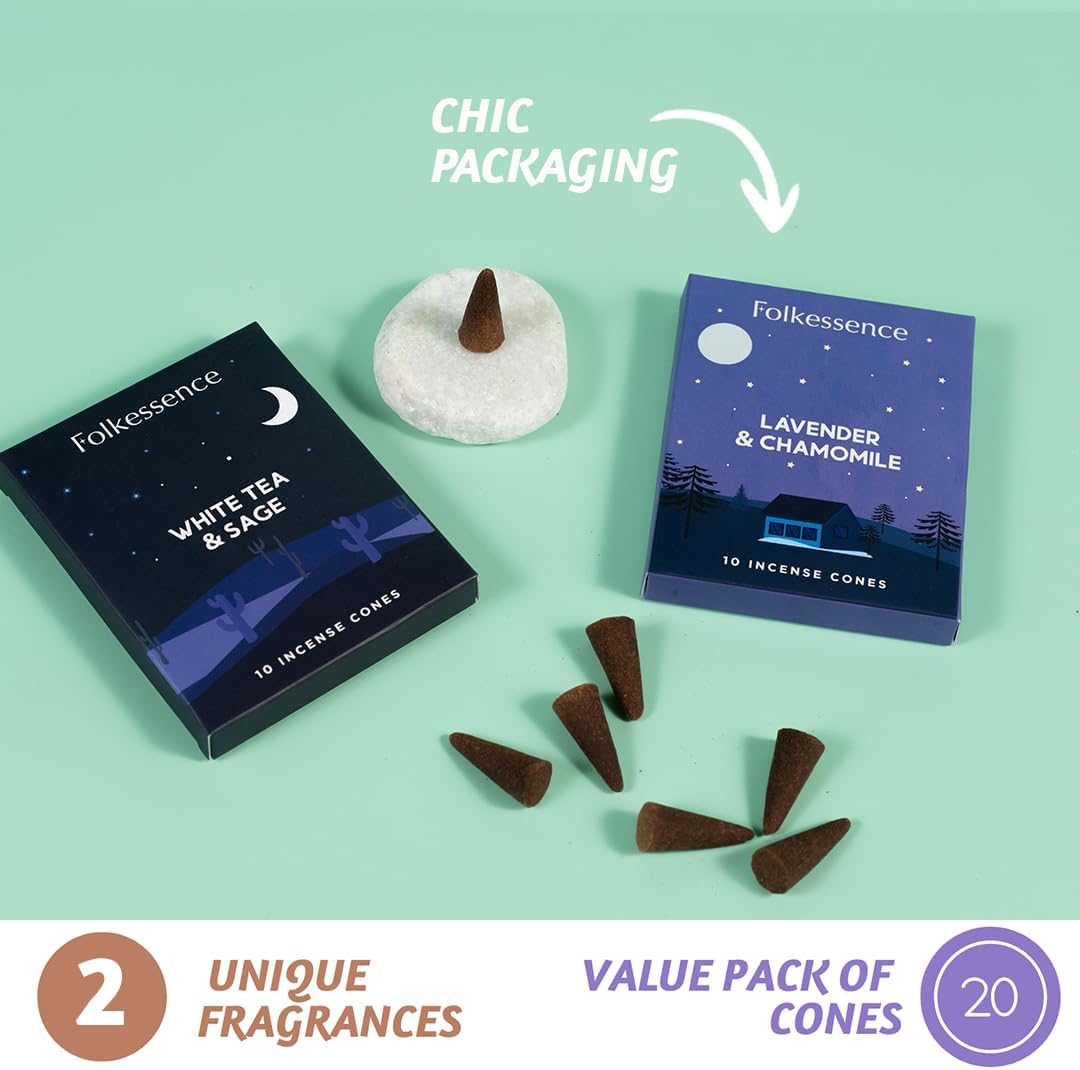 Folkulture Incense Cones Scented | Set of 2 Inscents-Cones (20 Cones) | Lavender, White Tea, Sage & Chamomile | Variety Pack Insence Cone for Relaxation and Meditation