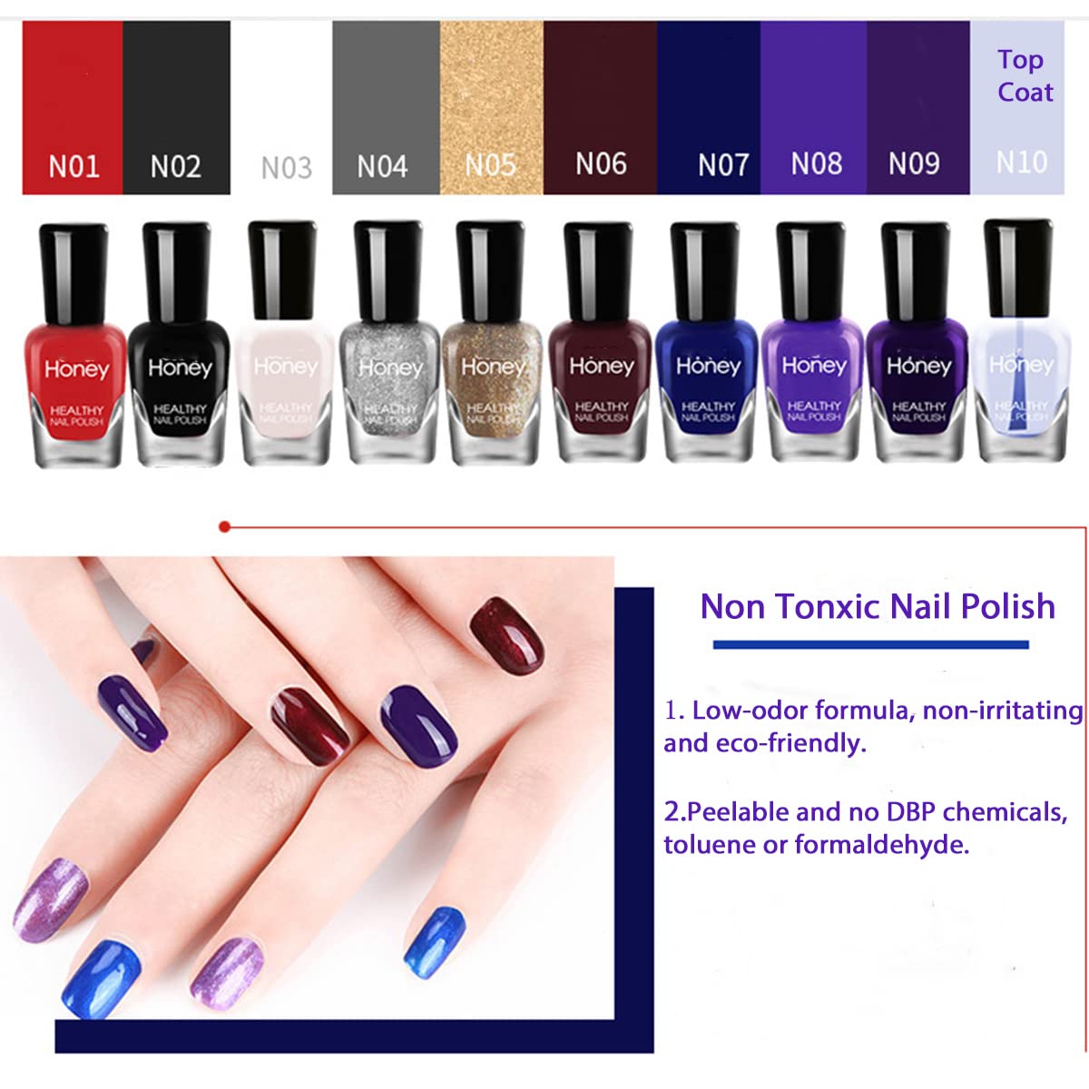 10 Bottles Easy Peel off Nail Polish Set Quick-drying, Non-Toxic Nail Polish - DIY Water Based Nail Polish Kit with Top Base Coat Nail ecoration products for Women Girls