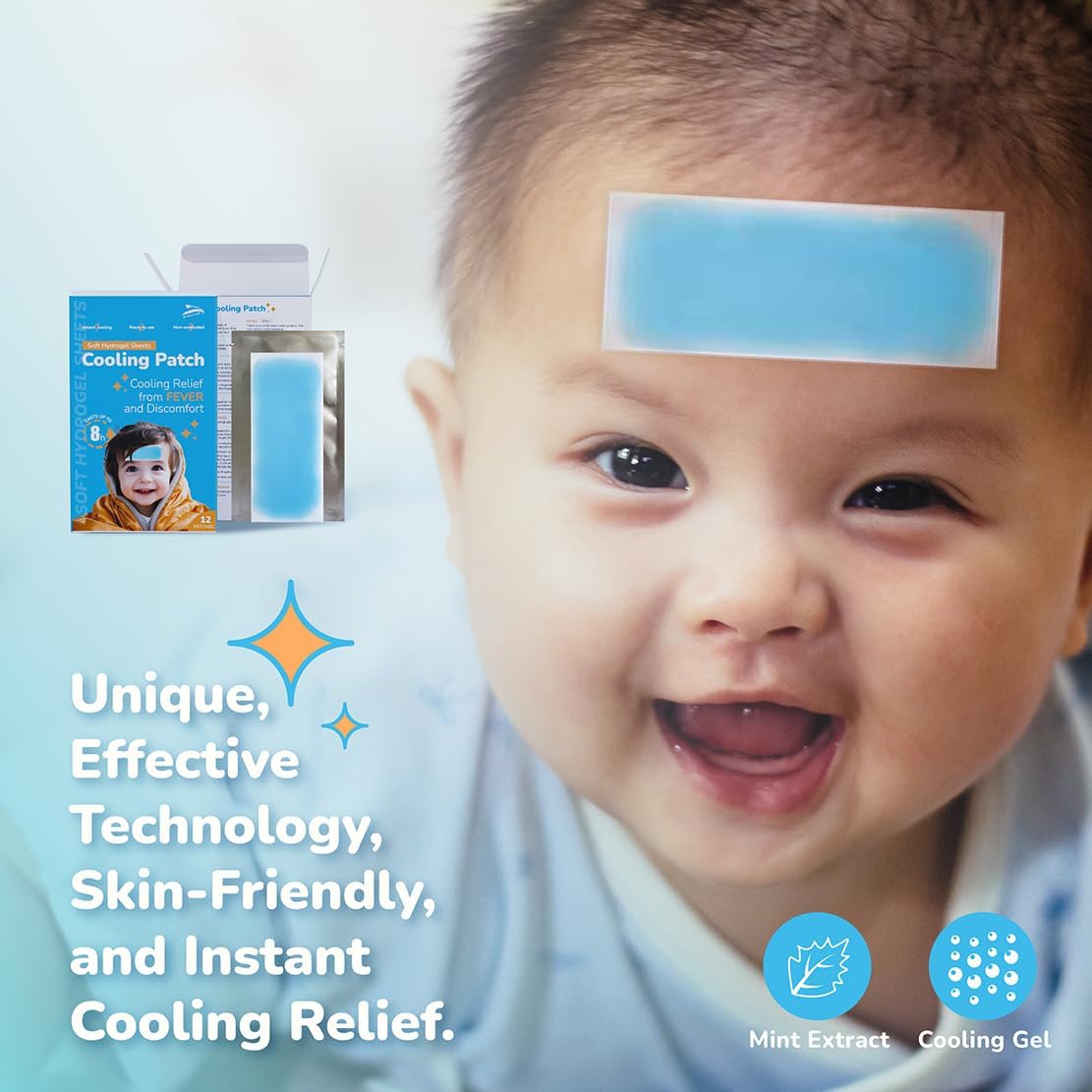 Cooling Patches for Fever Relief, Discomfort & Pain Soothe Headache,Hydrogel Sheets, 12 Count