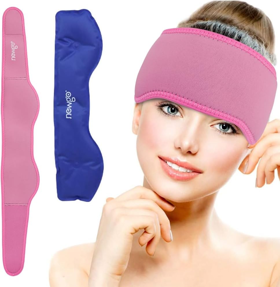NEWGO Headache Ice Pack Head Wrap for Migraines, Cold Pack Head Ice Therapy Wrap for Headache Relief, Tension, Sinus Pain, Chemo, Head Injuries - Rosered