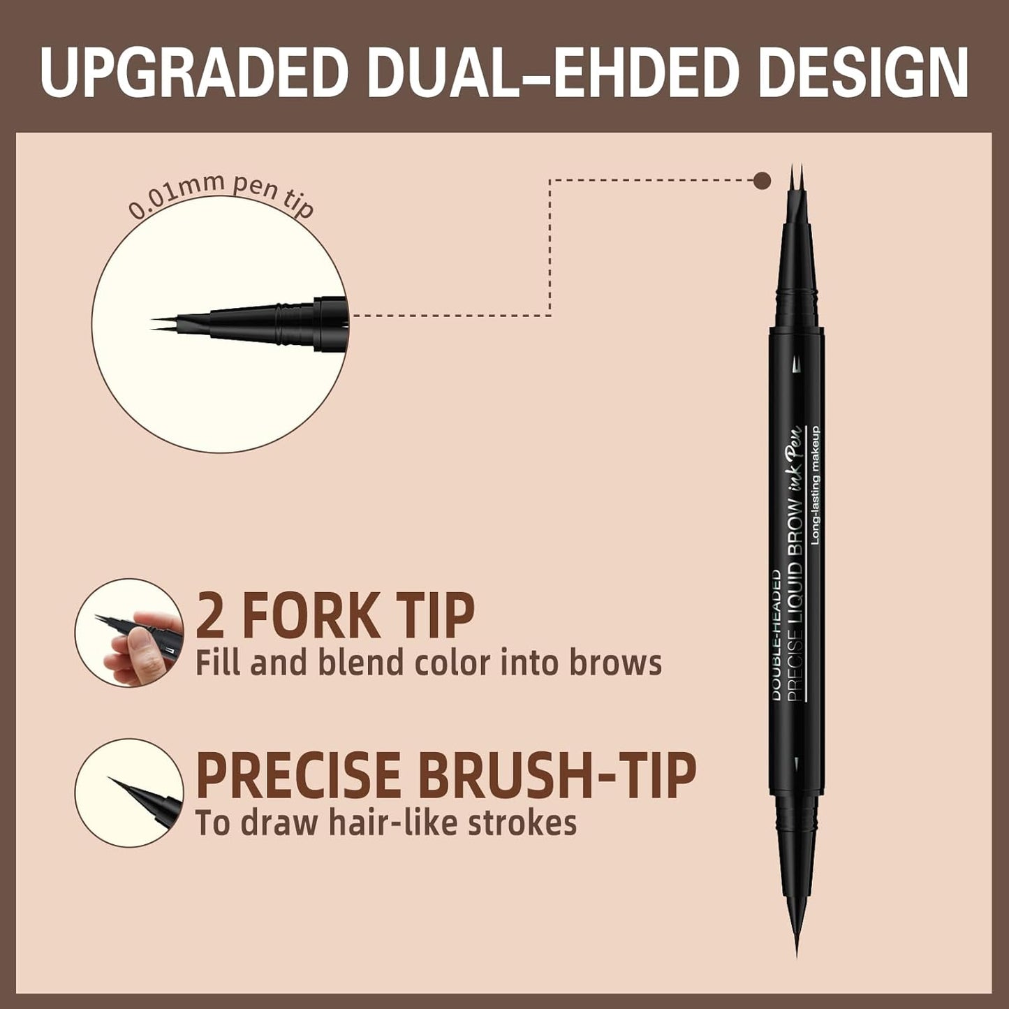 Microblading Eyebrow Pen, Dual-Ended Brow Pencil with 2-Fork-Tip and Precise Brush, Waterproof Longer Lasting Eyebrow Pencil, Microblade Eyebrow Pencil Create Natural Hair-Like Strokes (Light Brown)