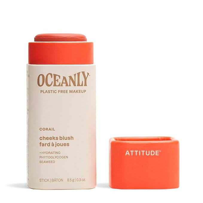 ATTITUDE Oceanly Plastic-Free Lightweight Blush Stick, Titanium Dioxide-Free, EWG Verified, Vegan & Cruelty-free Makeup, Corail, 0.3 Ounces