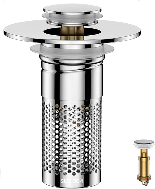 Bathroom Sink Drain Strainer,Universal Pop-Up Sink Stopper Hair Catcher, Anti-Clog Stainless Steel Drain Filter Basket, Removable Sink Drain for Bathroom Sink Stopper Replacement