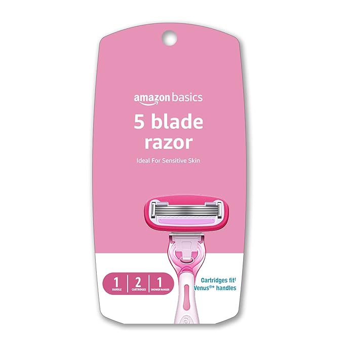 Amazon Basics Women's 5 Blade FITS Razor for Women, FITS Amazon Basics FITS Handle and Venus Handles, Includes 1 FITS Handle, 2 Cartridges & 1 Shower Hanger