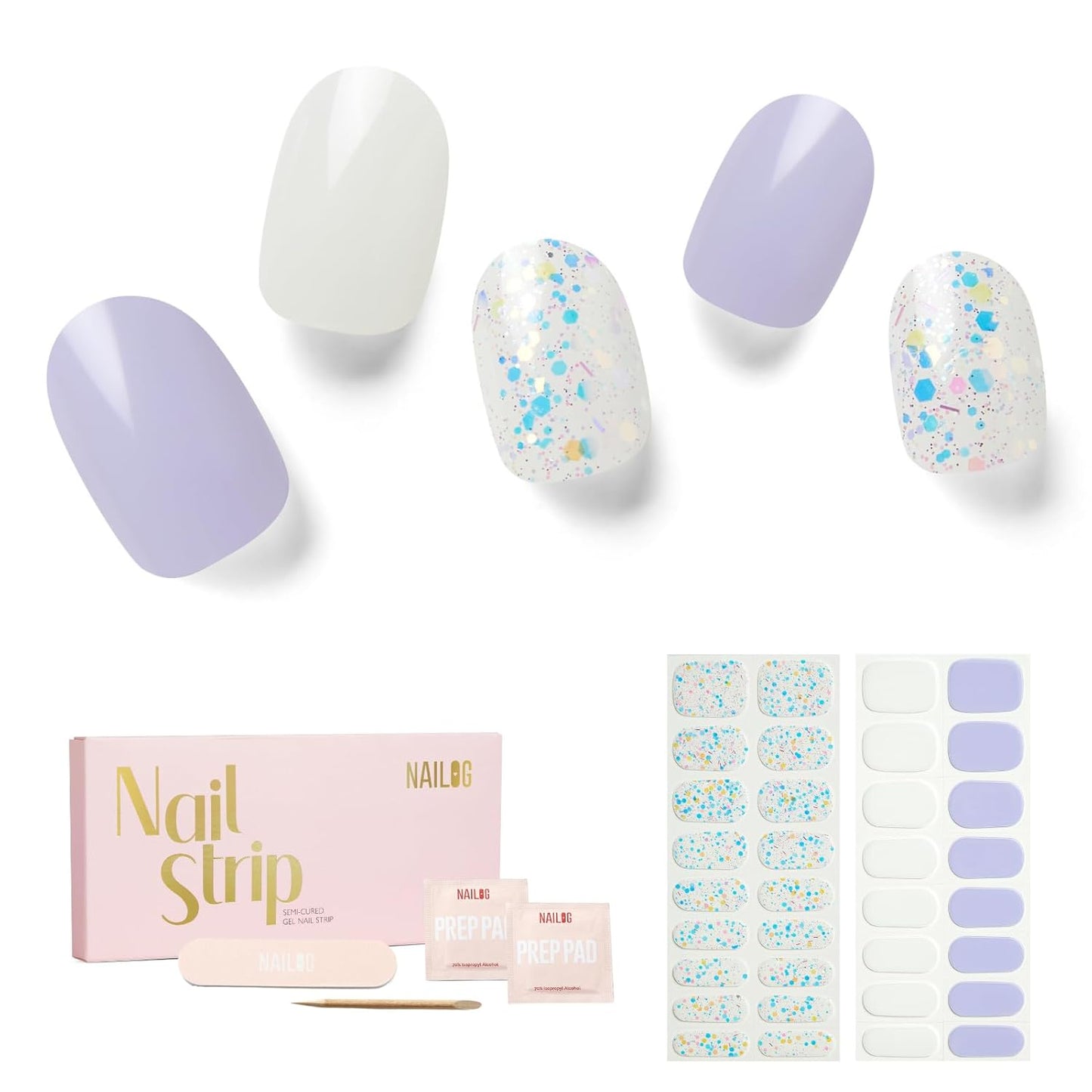 NAILOG Semi Cured Gel Nail Strips 34 pcs| Buy 2 Get 1 UV Lamp | Long Lasting Nail Polish Sticker Wraps with Glossy Gel Finish, Innocent