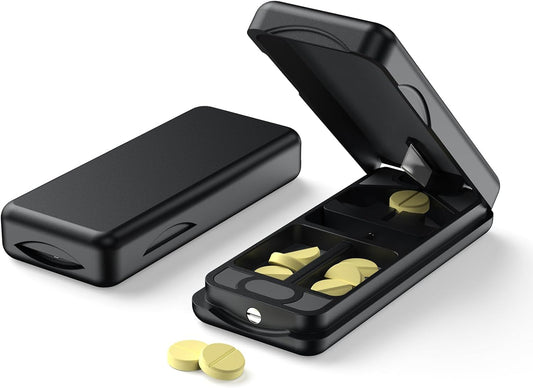 Pill Cutter with Auto Centering Device, Aluminum Pill Splitter with 316L Stainless Blade, Genuine Leather Case, Professional Pill Splitter for Cutting (Plastic,Black)