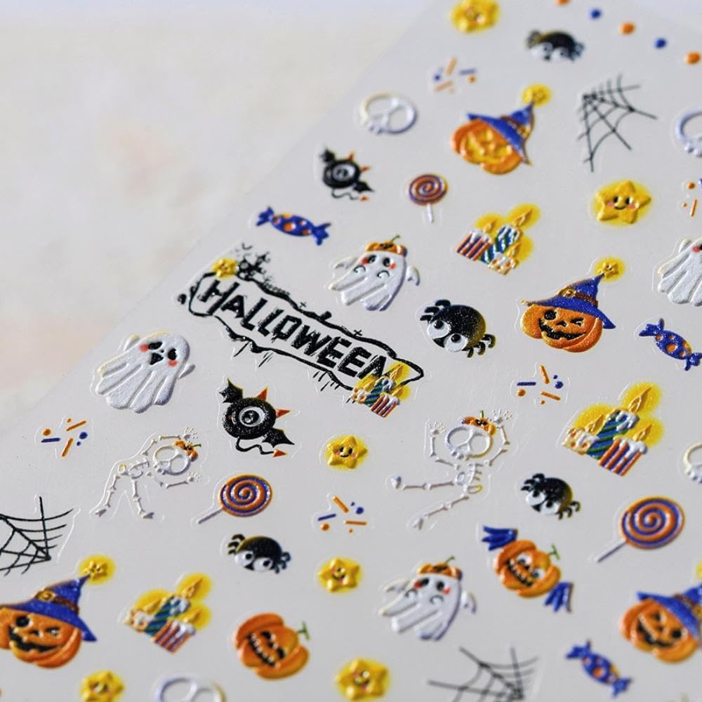 Halloween Nail Art Stickers Pumpkin Star Nail Decals Cute Ghost Nail Stickers with Design Skull Nails Art Decals 5D Embossed Self Adhesive for Women Girls Kid Manicure Charms DIY Decoration
