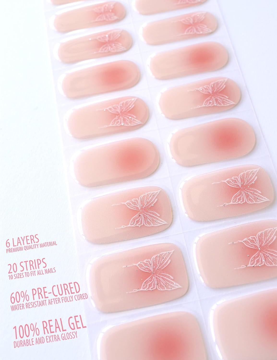 Semi Cured Gel Nail Strips, 20 pcs Nail Wraps, Glaze Stickers, Salon Quality French Manicure, Full Decal Gel Polish Strips, Long Lasting SCG, Easy on, UV Required (Butterfly Fairy)