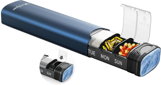 Metal Weekly Pill Organizer, Serfeymi Aluminum Daily Pill Box(Spare Gasket Provided),7 Day Pill Case Travel Medicine Organizer,Pill Containers with Individual Lid for Vitamins,Pills, Supplement-Blue