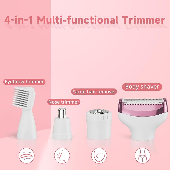 Electric Razor for Women, 4-in-1 Bikini Trimmer, Waterproof Electric Shaver for Women, Rechargeable Painless Pubic Hair Trimmer