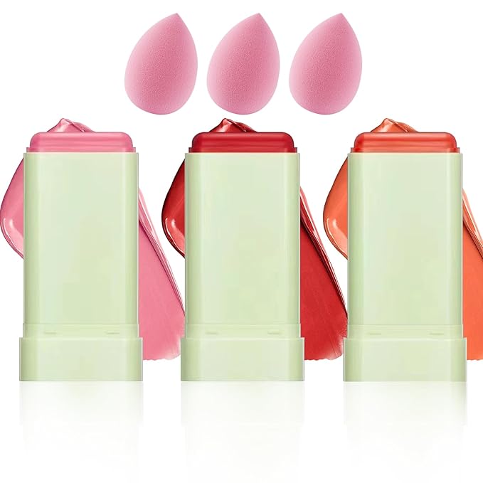 3 Colors Blush Stick,Multi-Use Cream Blush,Waterproofing Highly Pigmented Makeup Stick,Moisturizing Makeup Cream Set with Blender Sponge