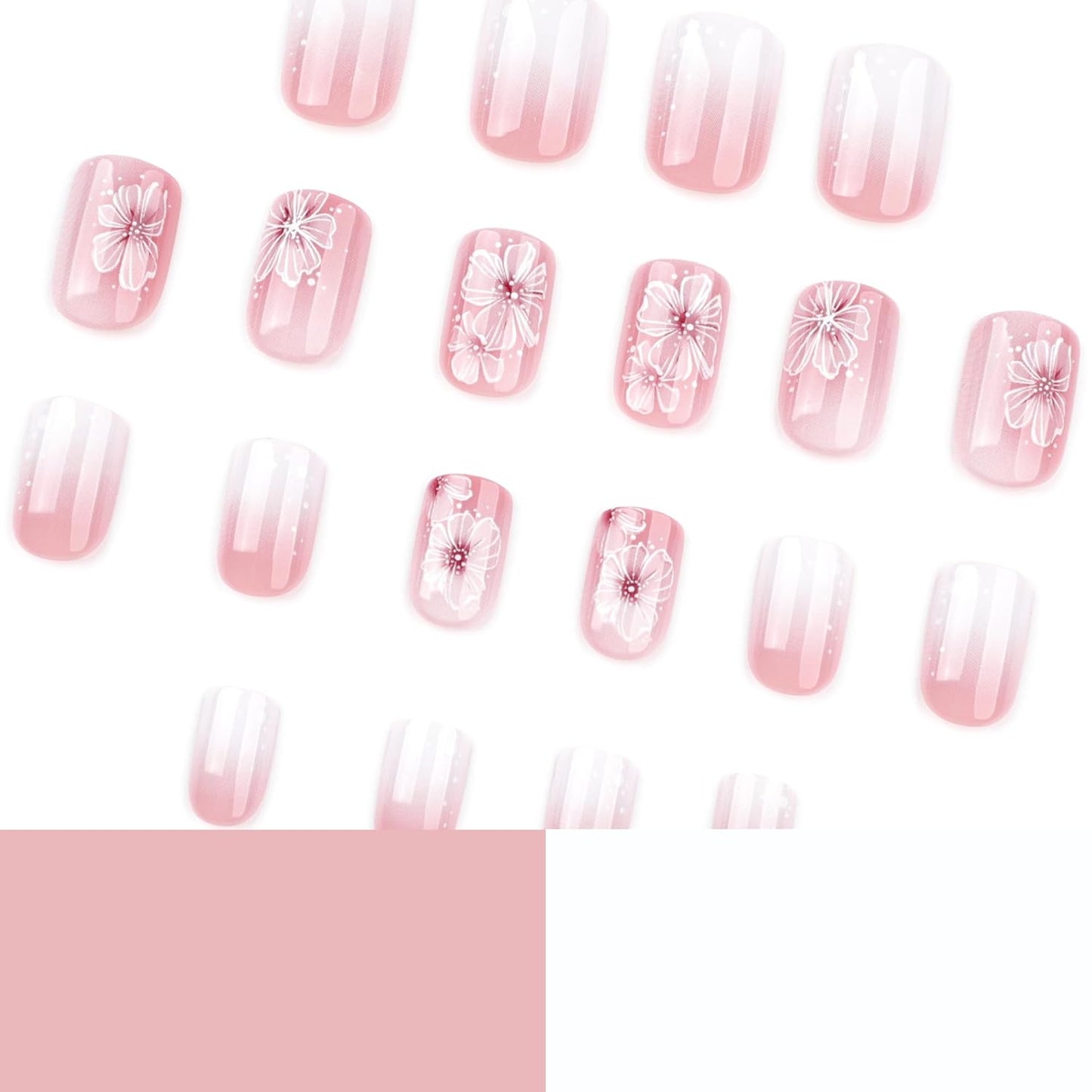 Summer Fall Press On Nails Short Square, Nude Fake Nails Featuring a Nude-to-White Gradient and Elegant White Floral Accents, Glossy Finish Acrylic Nails, Reusable Glue On Nails for Women, Petal Veil