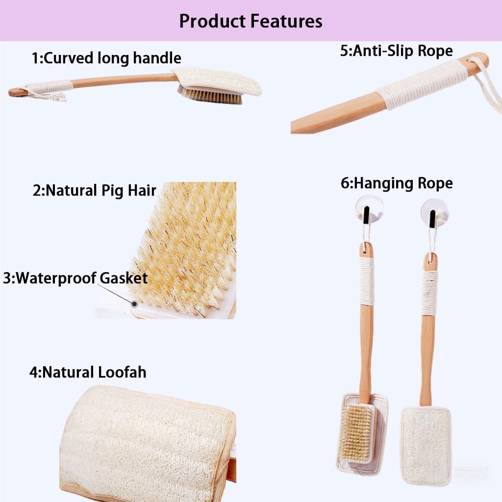 Shower Body Brush with Bristles and Loofah,Back Scrubber for Shower for Bath or Dry Brush,Back exfoliating Body Scrubber Shower Scrub Brush Long Handle for Women and Men