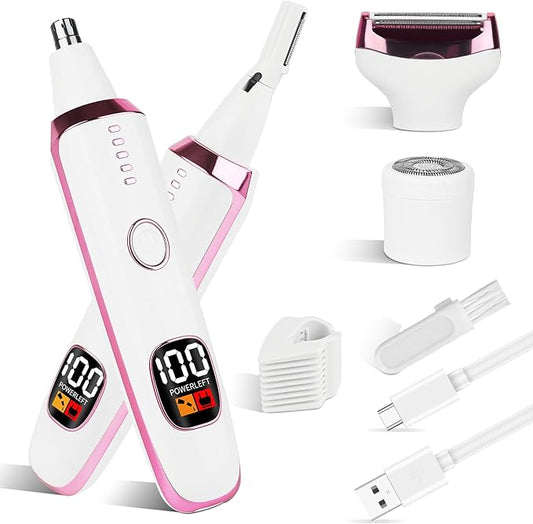 2025 Rechargeable Nose and Ear Hair Trimmer With LED Dispaly for Women Men,4 in 1 Painless Eyebrow & Facial Hair Trimmer with Powerful Motor,Ladies Wet & Dry Electric Razor for Travel (Pink)
