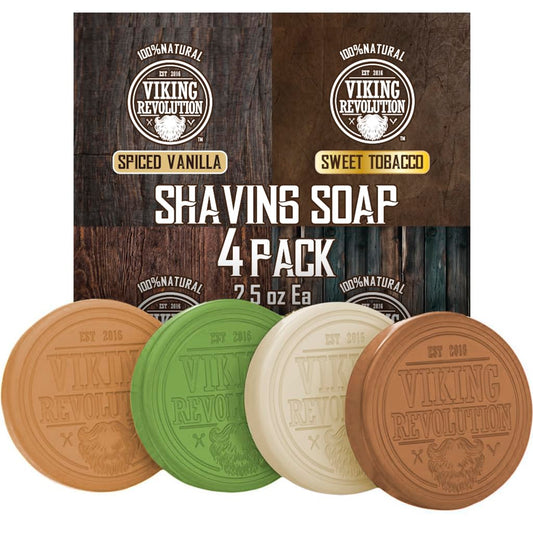 Viking Revolution Shaving Soap for Men - Shave Soap for Use with Shaving Brush and Bowl for Smoothest Wet Shave, Shaving Soap Puck - 4 Pack Variety, Each Pack 2.5oz (Vanilla, Bergamot, Tobacco, Oud)