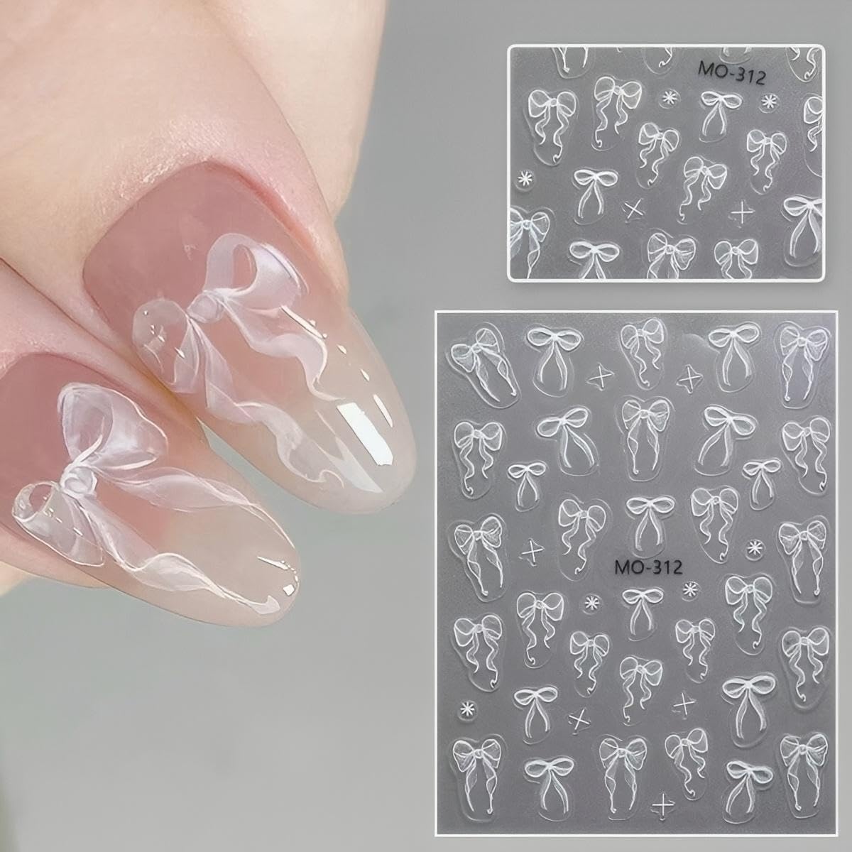4 Sheets White Nail Art Stickers Decals Bow-tie Butterfly Nail Stickers 3D Self Adhesive with Pearls Nail Decals Supplies Nail Art Design Decoration Accessories for Women and Girls