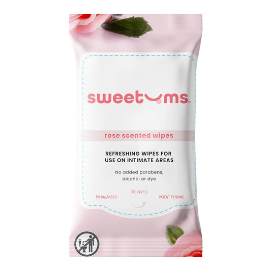 Sweetums Rose Scented Daily Feminine Wipes for Women – pH Balanced Unflavored Intimate Wipes – Water-Based, Aloe-Infused, Gentle on Sensitive Skin – Vegan, No Alcohol or Dyes, Travel-Friendly - 30ct