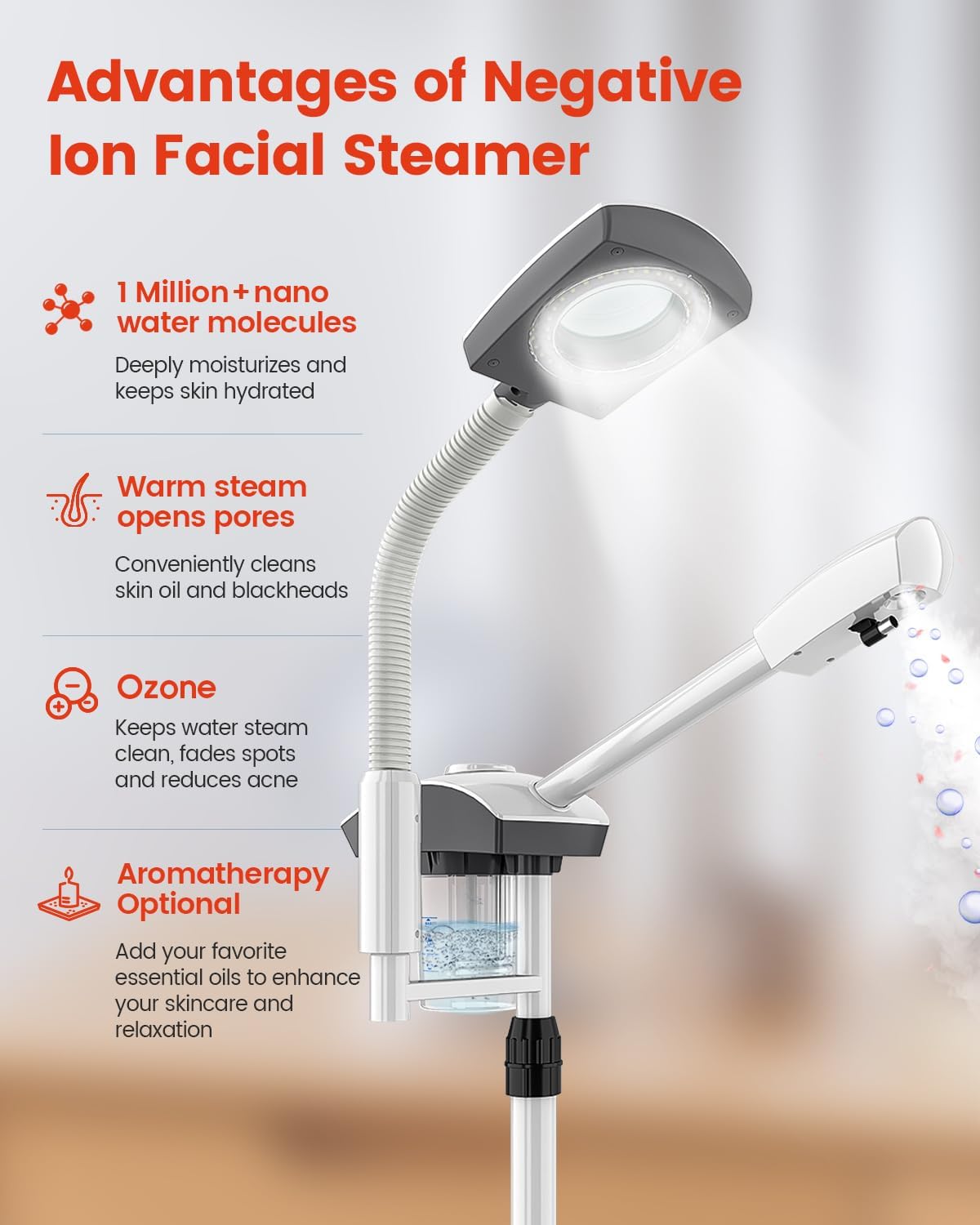 Kingsteam 2-in-1 Salon Grade Professional Facial Steamer with 5X Magnifying Lamp,Esthetician Steamer for Women,Hot Mist Face Steame: 2 Adjustable Steam Levels, 60 Min Timer & 3-Level LED Light, White