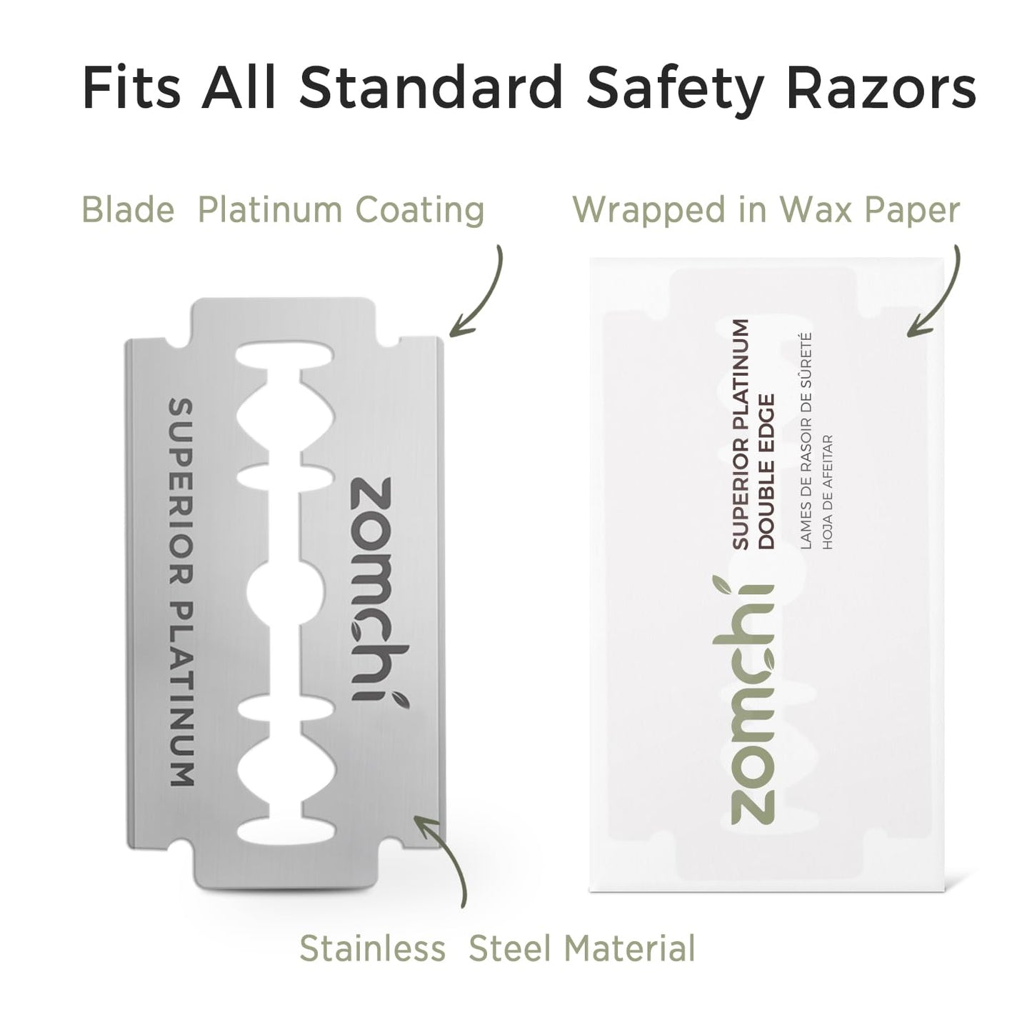 Zomchi Double Edge Razor Blades 2.0, 100 Counts Safety Razor Blades for Shaving, Platinum Stainless Steel Shaving Blades for Men and Women, Fits All Standard Double Edge Razors