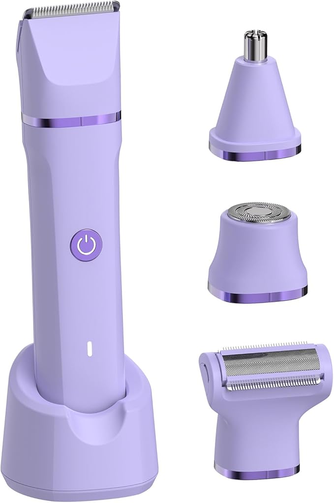Electric Razors for Women - 4 in 1 Bikini Trimmer for Women, Waterproof Body Pubic Shaver for Womens Wet & Dry Use, Replaceable Facial & Nose Hair Trimmer, Rechargeable Hair Removal Kit, Purple
