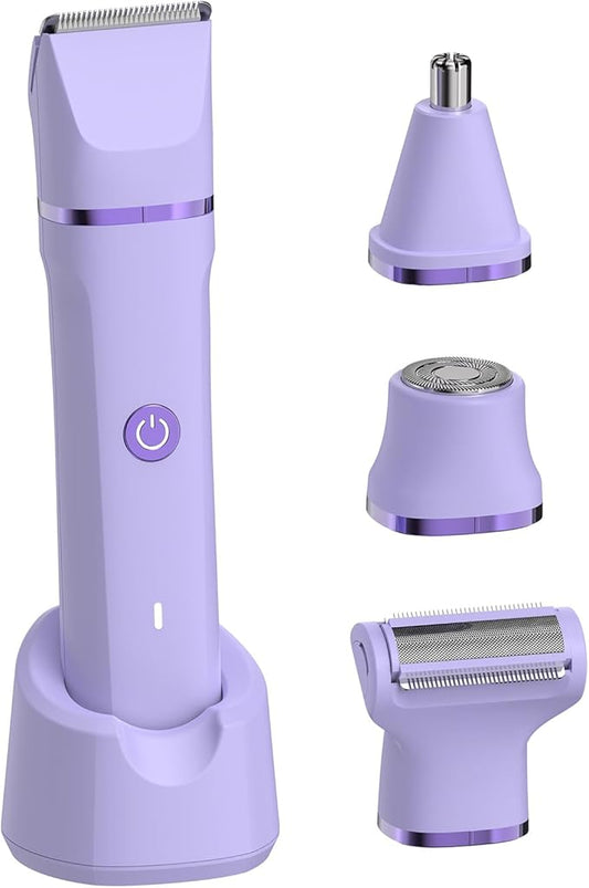 Electric Razors for Women - 4 in 1 Bikini Trimmer for Women, Waterproof Body Pubic Shaver for Womens Wet & Dry Use, Replaceable Facial & Nose Hair Trimmer, Rechargeable Hair Removal Kit, Purple