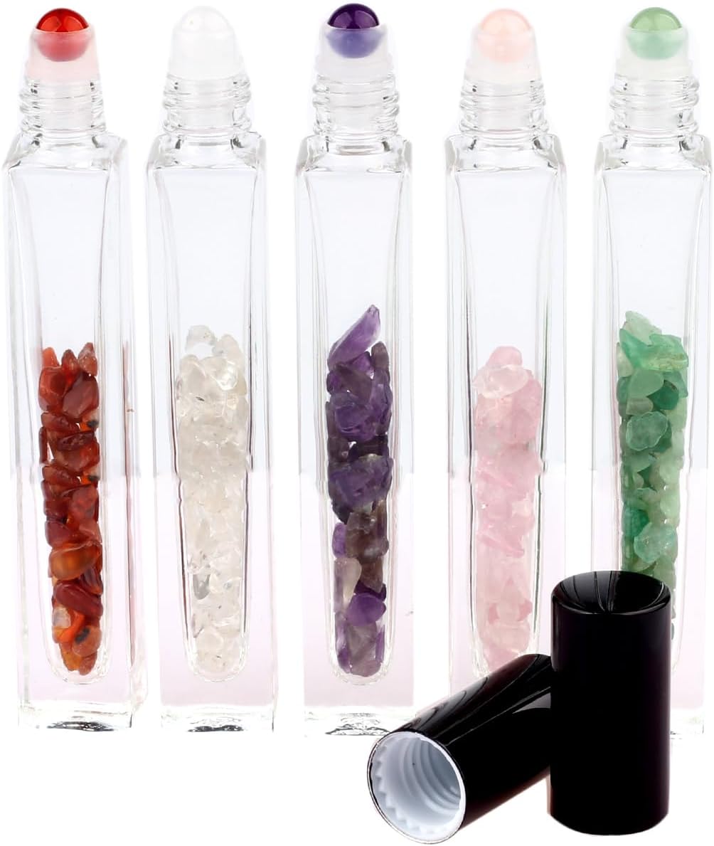 10ml Gemstone Roller Square Bottles Refillable Roll On Bottles Healing Crystal Chips Inside For Perfumes Aromatherapy Oils 5pack…