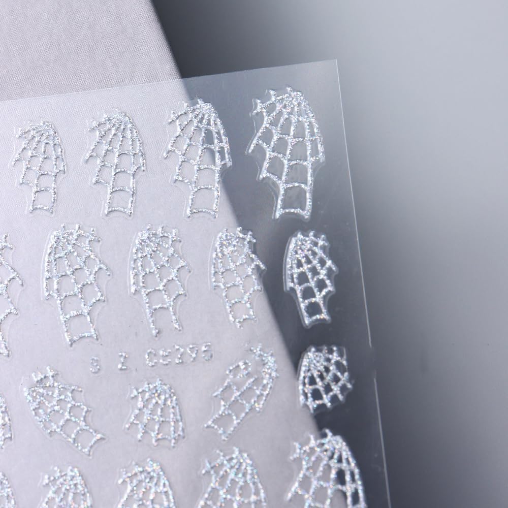 Halloween Nails Stickers Silver Glitter Web Nails Sticker 3D Embossed Glitter Web Self Adhesive Sticker Nail Decals Silver Webs Nail Art Decal Halloween Decals for Nail DIY Manicure 4Sheet