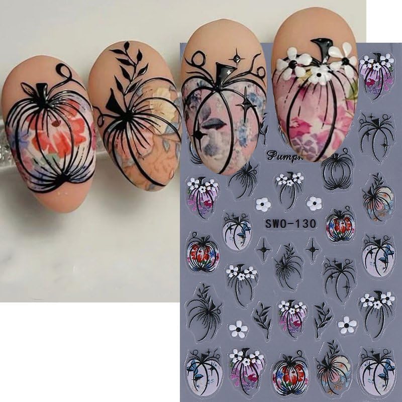 Halloween Nails Stickers Black Pumpkins Nails Sticker 3D Embossed White Flower Self Adhesive Sticker Nail Decals Black Bunch Nail Art Decals Halloween Decals for Nail DIY Manicure 2Sheet