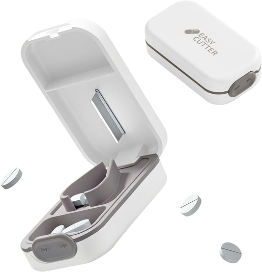 Pill Cutter Splitter for Small or Large Pills with Safety Lock - Accurate and Easy Travel-Friendly Design for Daily Use (White)