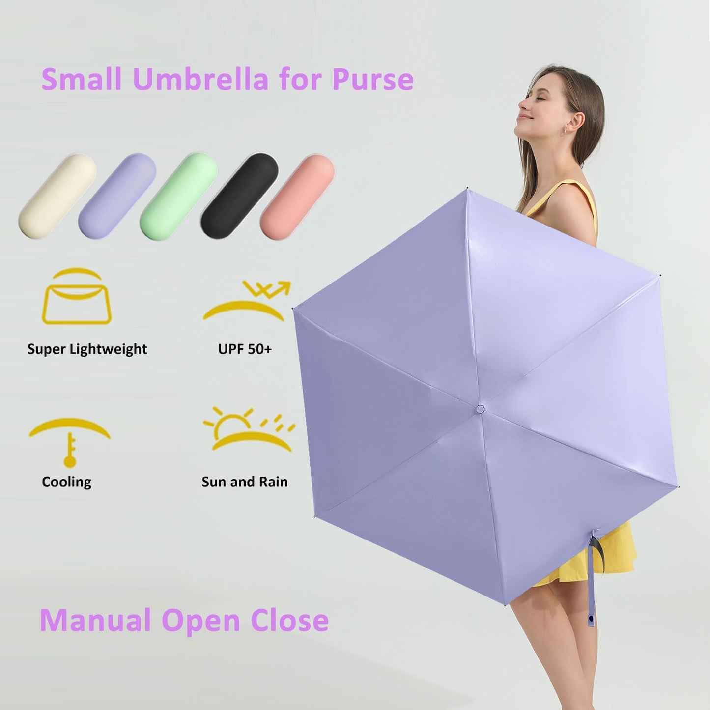 BAODINI Travel Essentials Mini Umbrella for Purse With Case Small Compact UV Sun Protection Lightweight Tiny Pocket Manual Open Close Umbrella for Women Kids and Men Fit Purse Backpack