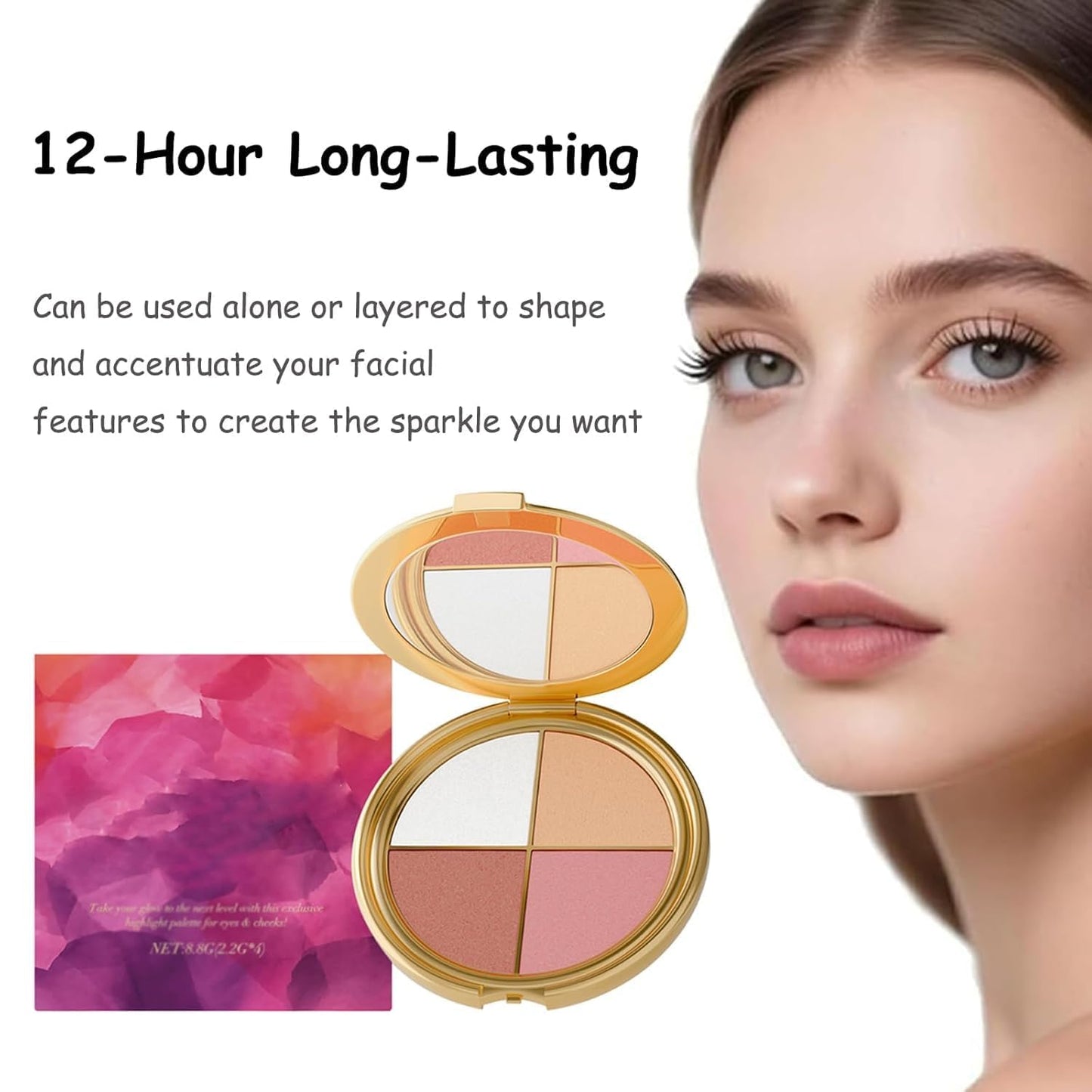 Eye & Cheek Palette - Makeup Kit with Eyeshadow, Highlighter, Blush & Contour Powder, Includes Detachable Brush for a Natural Shimmer Glow, Face Contouring Palette for Women (1 PCS)