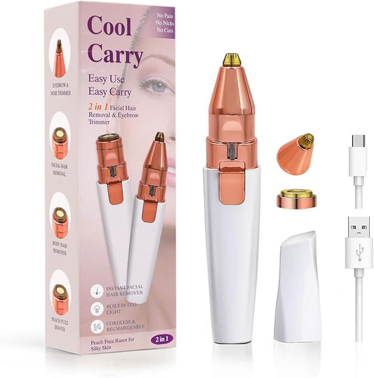 Facial Hair Removal for Women & Eyebrow Trimmer 2 in 1, Electric Shaver&Portable Peach Fuzz Hair Razor,Rechargeable Remover for Pubic Lips Face Ear Hair,Body Hands, Chin Beard with Light